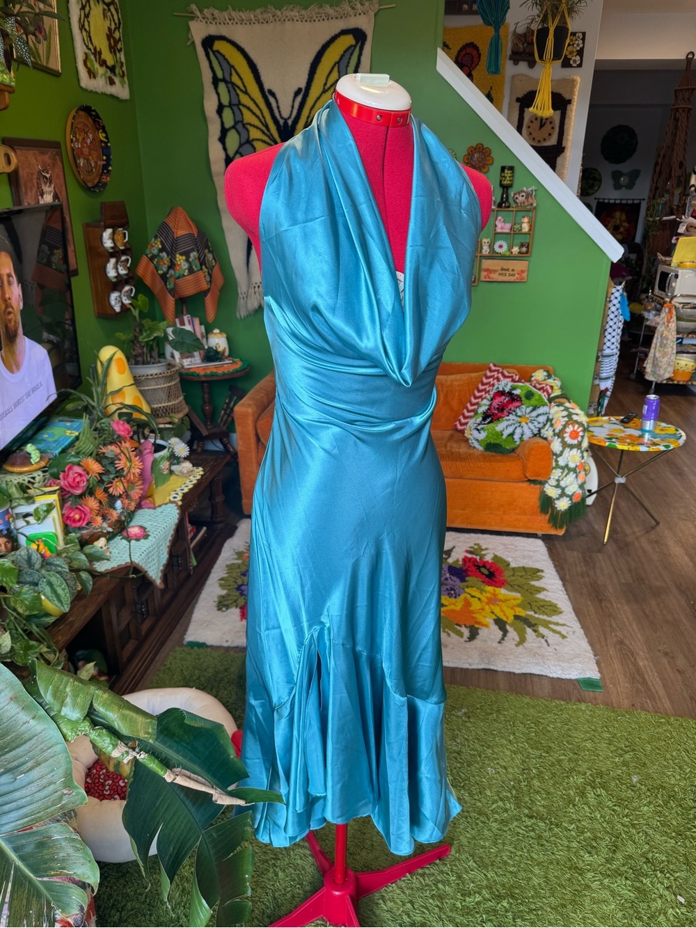 La Vie En Rose Teal Satin Halter Maxi Dress